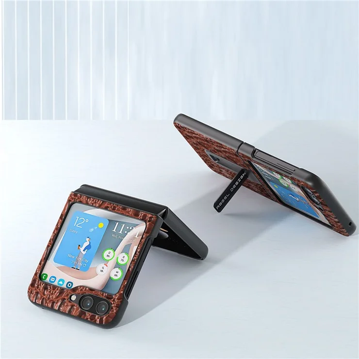 ABEEL For Samsung Galaxy Z Flip5 5G Kickstand Back Cover Genuine Cow Leather+PC Canopy Texture Phone Case - Brown