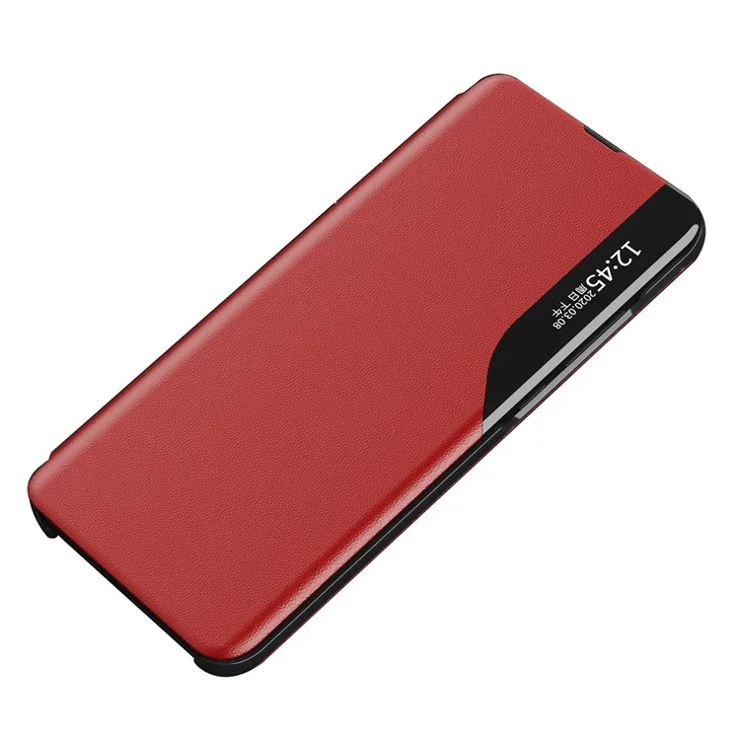 View Window PU Leather Phone Case for iPhone 15 Plus Flip Stand Mobile Protective Cover - Red