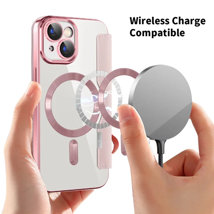 For iPhone 15 Built-in Lens Film Leather Phone Case RFID Blocking Card Holder Cover Compatible with MagSafe - Sapphire