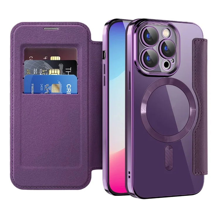 For iPhone 15 Pro RFID Blocking Built-in Lens Film Phone Case Card Holder Leather Cover Compatible with MagSafe - Sapphire