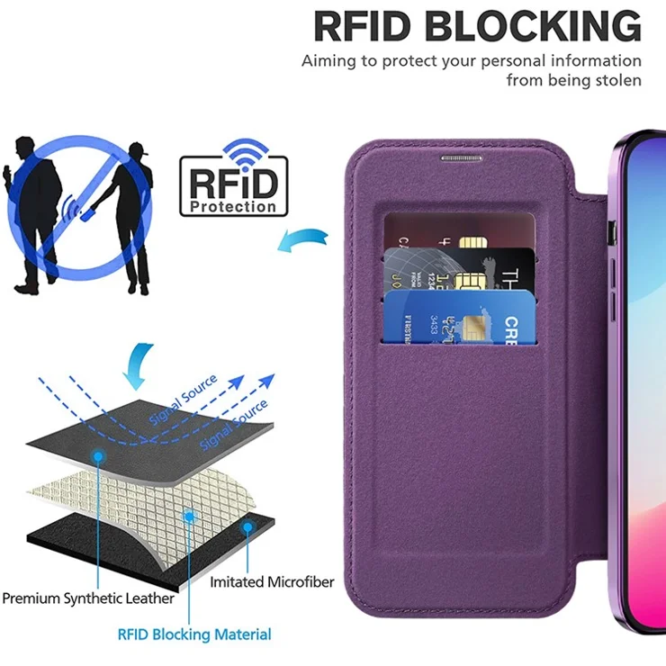 For iPhone 15 Pro RFID Blocking Built-in Lens Film Phone Case Card Holder Leather Cover Compatible with MagSafe - Baby Blue