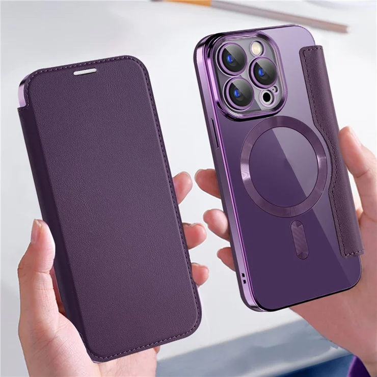 For iPhone 15 Pro RFID Blocking Card Holder Phone Cover Electroplating Leather Case Compatible with MagSafe - Sapphire