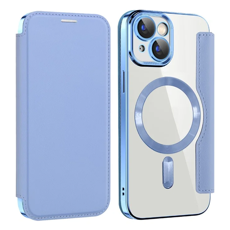 For iPhone 15 Plus Leather Phone Case Compatible with MagSafe RFID Blocking Card Holder Electroplating Cover - Blue