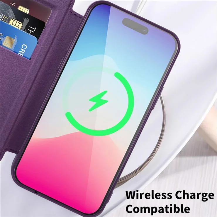 For iPhone 15 Pro Max Card Holder Phone Case RFID Blocking Electroplating Leather Cover Compatible with MagSafe - Sapphire
