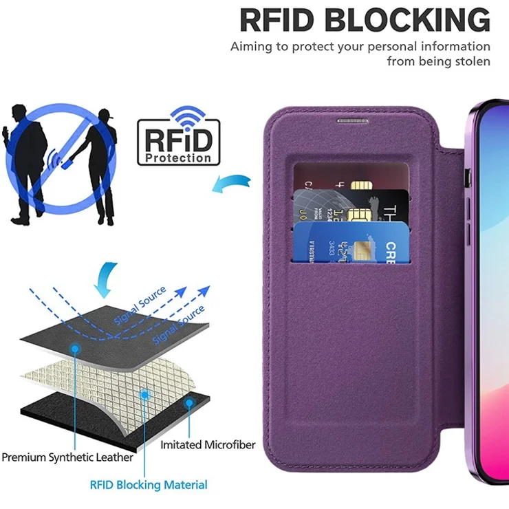 For iPhone 15 Pro Max Card Holder Phone Case RFID Blocking Electroplating Leather Cover Compatible with MagSafe - Sapphire