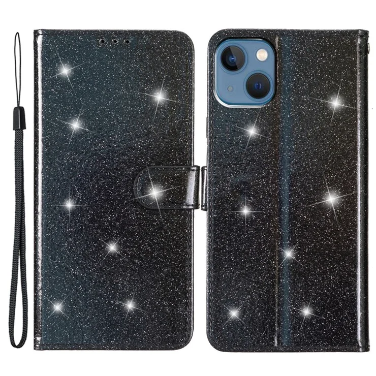 Glittery PU Leather Protective Phone Case for iPhone 15 , Wallet Stand Cell Phone Cover - Black