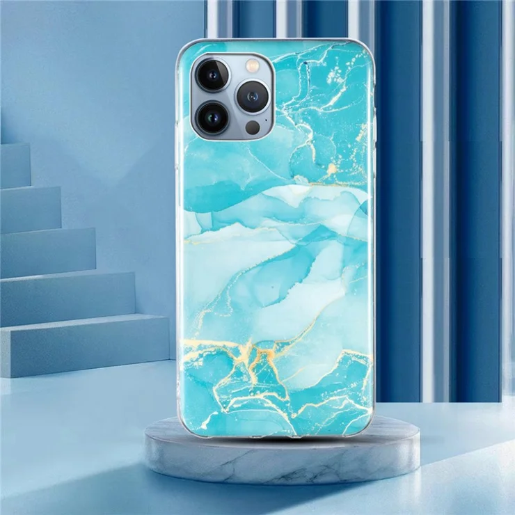 For iPhone 15 Pro Max Marble Pattern IMD Cover Anti-drop TPU Phone Case - Green
