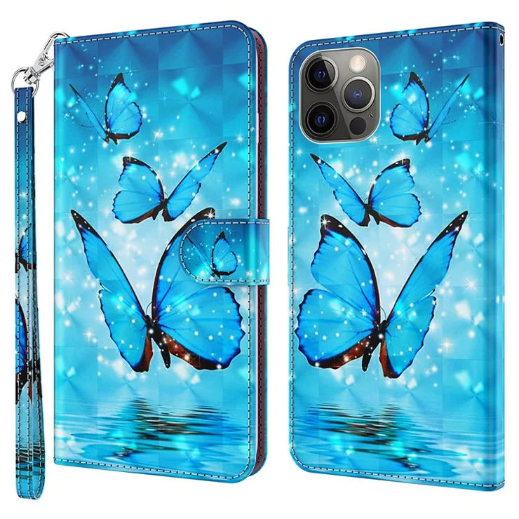 Wallet Case for iPhone 15 Pro , 3D Pattern Printing PU Leather Stand Phone Cover with Strap - Blue Butterflies