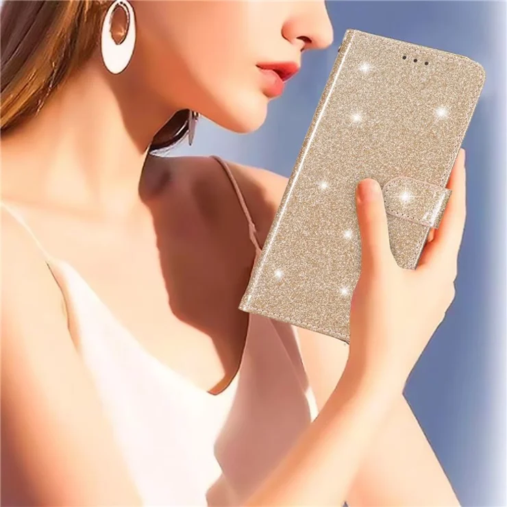 For Samsung Galaxy A25 5G (Global) (161.0 x 76.5 x 8.3mm) Glittery PU Leather Case Wallet Stand Anti-scratch Phone Cover - Gold