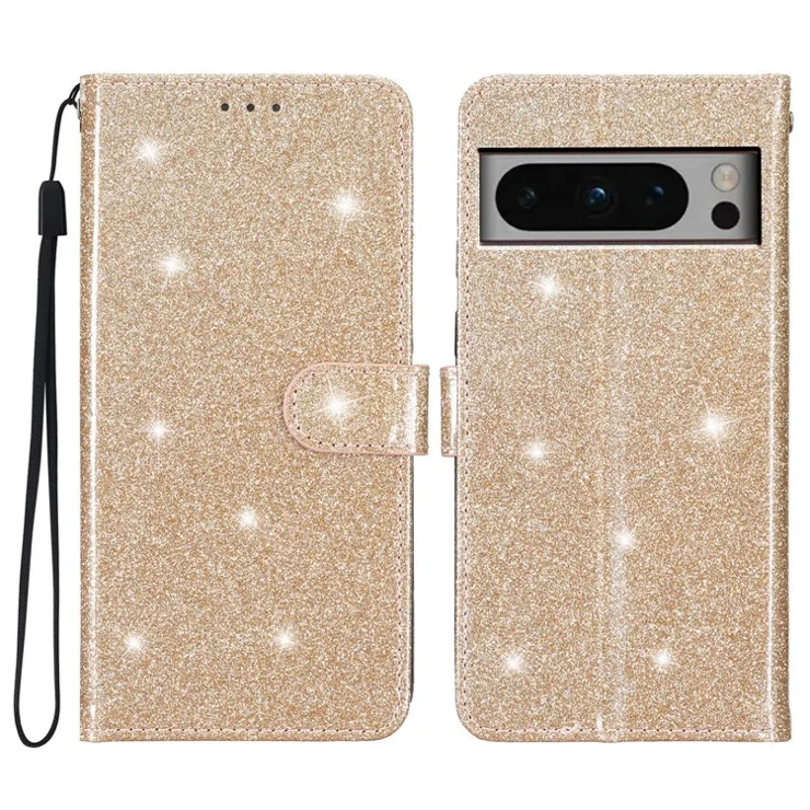 For Google Pixel 8 Pro Glittery PU Leather Stand Phone Case Full Protection Phone Wallet Cover - Gold