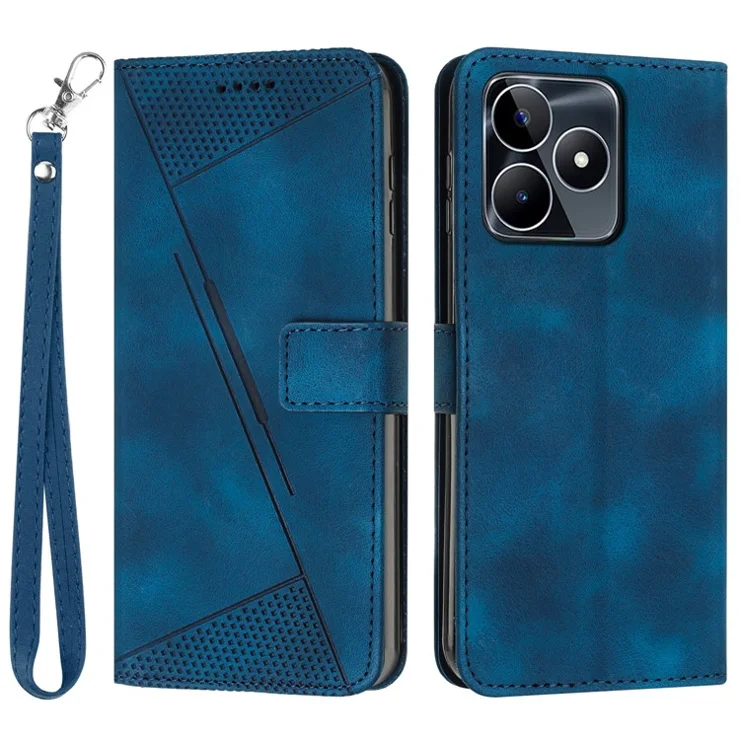 Wallet Cover for Realme C53 (Global) / C53 (India) / C51 / Narzo N53 4G , Viewing Stand Triangle Imprinted Leather Phone Case with Strap - Sapphire