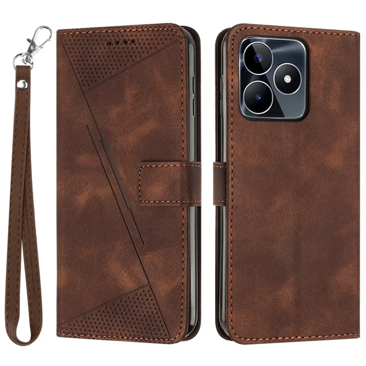 Wallet Cover for Realme C53 (Global) / C53 (India) / C51 / Narzo N53 4G , Viewing Stand Triangle Imprinted Leather Phone Case with Strap - Brown
