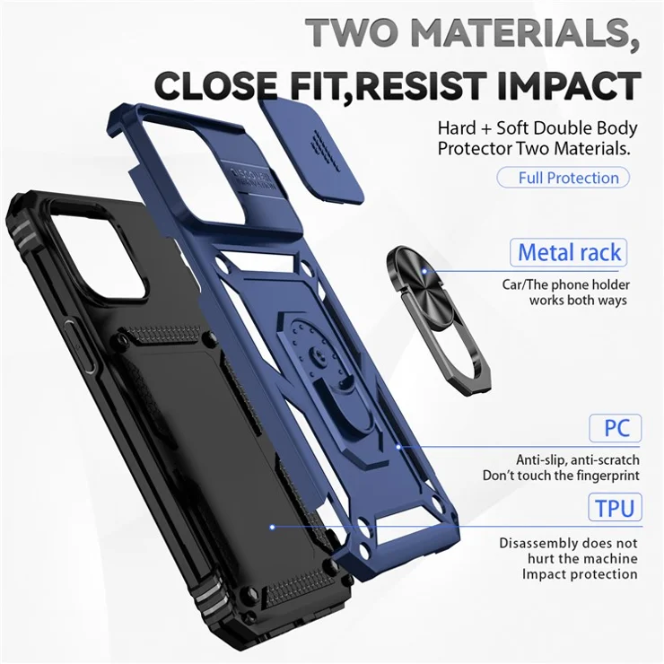 For iPhone 15 Pro Slide Camera Protector Phone Case Metal Ring Kickstand PC + TPU Drop-proof Cover - Blue