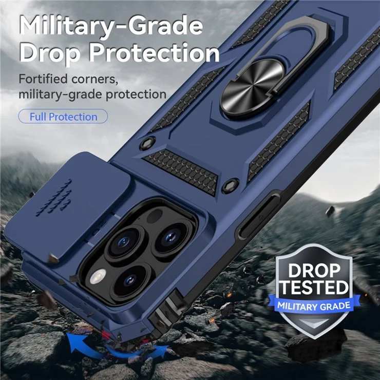 For iPhone 15 Pro Slide Camera Protector Phone Case Metal Ring Kickstand PC + TPU Drop-proof Cover - Blue
