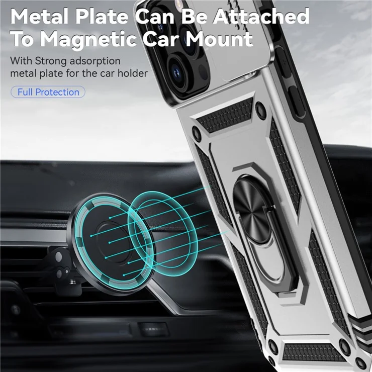 For iPhone 15 Pro Case Slide Camera Protector Metal Ring Kickstand PC + TPU Drop-proof Cover - Silver