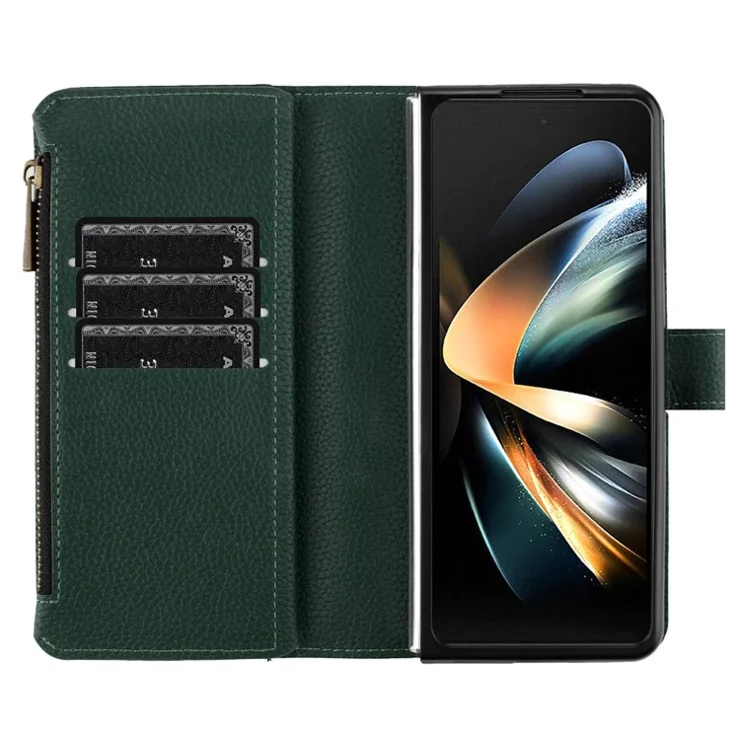 BINFEN COLOR Zipper Pocket PU Leather Case for Samsung Galaxy Z Fold4 5G , Wallet Stand Litchi Texture Phone Cover - Green