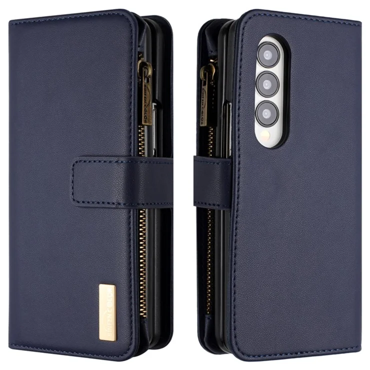 BINFEN COLOR For Samsung Galaxy Z Fold4 5G Matte Zipper Pocket Phone Case PU Leather Stand Wallet Cover - Blue