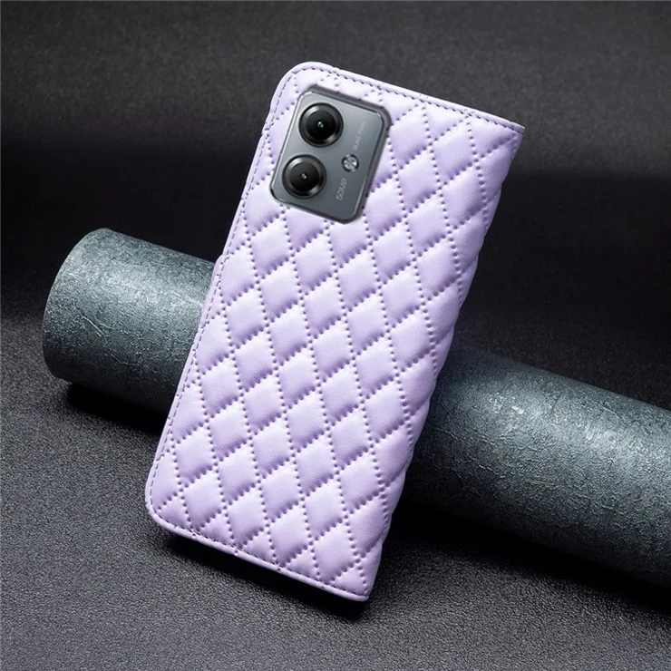 BINFEN COLOR BF Style-14 for Motorola Moto G14 4G Leather Grid Pattern Imprinted Case Wallet Stand Flip Phone Cover - Purple