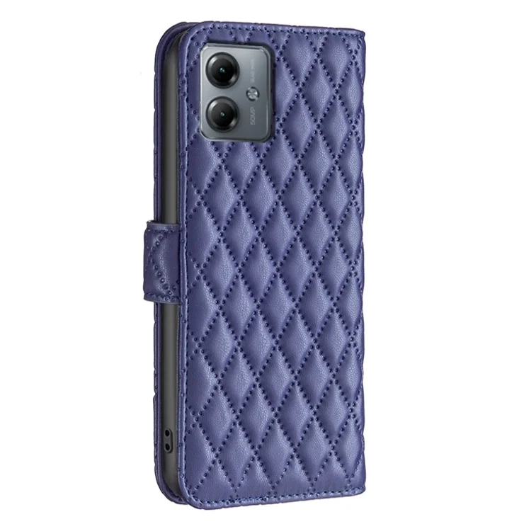BINFEN COLOR BF Style-14 for Motorola Moto G14 4G Leather Grid Pattern Imprinted Case Wallet Stand Flip Phone Cover - Blue