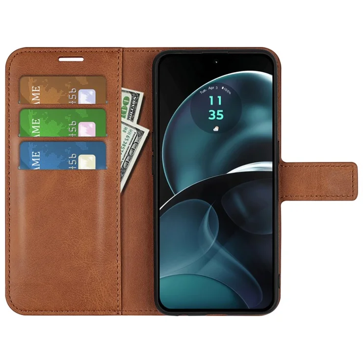 For Motorola Moto G14 4G Wallet Stand PU Leather Phone Case Calf Texture Full Protection Phone Cover - Light Brown
