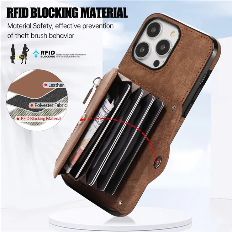 For iPhone 15 Pro Max PU Leather Coated TPU Phone Case Zipper Pocket Card Slots Protective Cover with 2 Straps - Brown