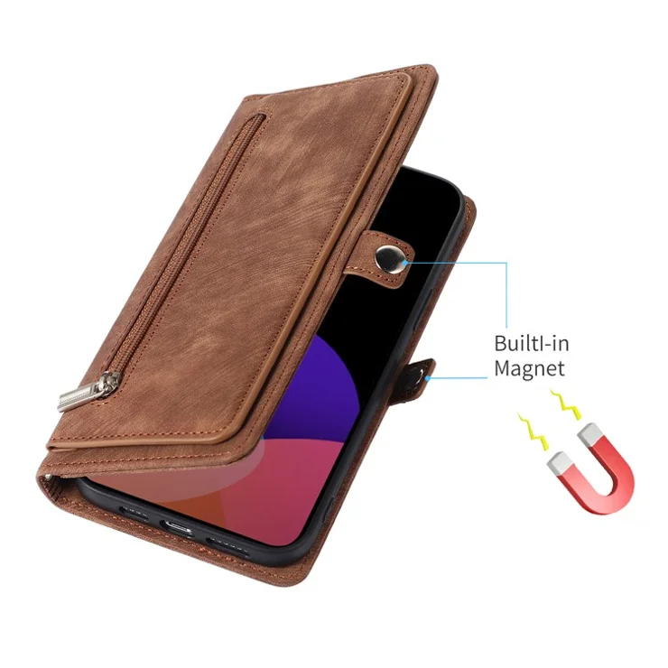 PU Leather Wallet Phone Case For iPhone 15 Plus , Zipper Pocket Phone Shell Cover with 9 Card Slots - Brown