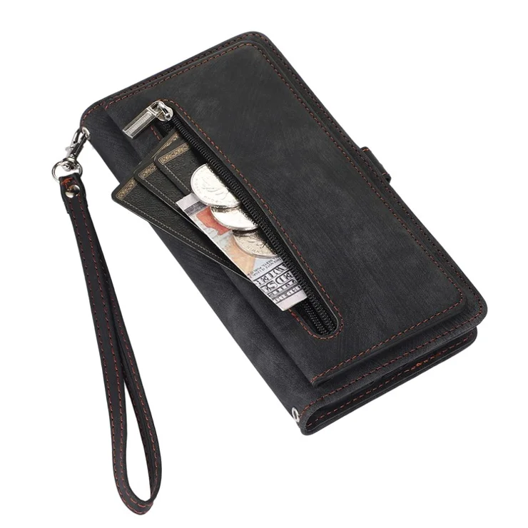 PU Leather Wallet Phone Case For iPhone 15 Plus , Zipper Pocket Phone Shell Cover with 9 Card Slots - Black