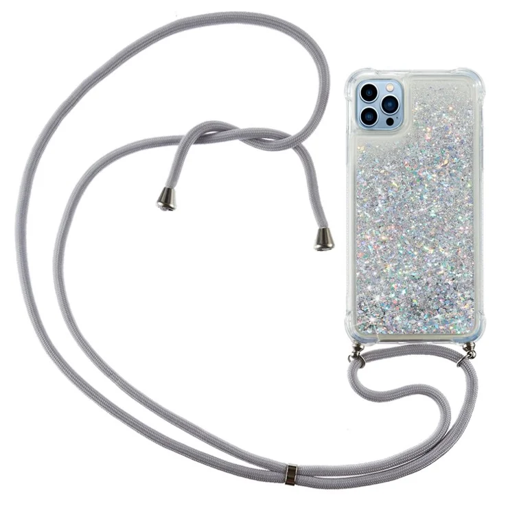 For iPhone 15 Pro Max Mobile Phone Cover Liquid Sequins Case TPU Cell Phone Shell with Long Strap - Silver