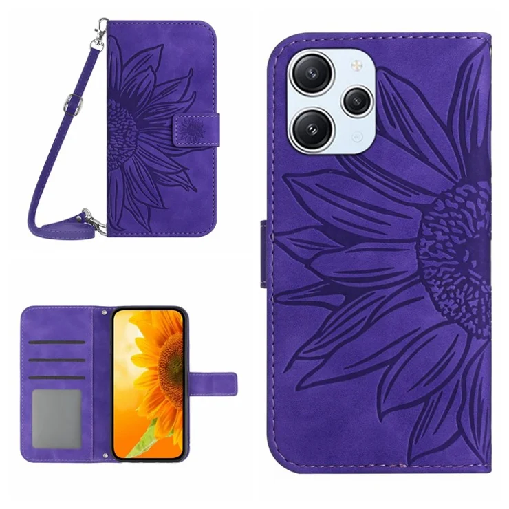 HT04 For Xiaomi Redmi 12 5G (Global) / Poco M6 Pro 5G Leather Wallet Phone Case Sunflower Imprint Stand Cover with Shoulder Strap - Dark Purple