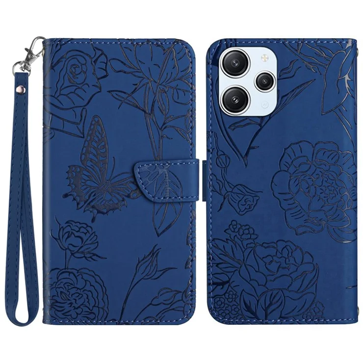 HT03 PU Leather Imprint Flip Cover for Xiaomi Redmi 12 5G (Global) / Poco M6 Pro 5G Wallet Stand Phone Case with Wrist Strap - Blue