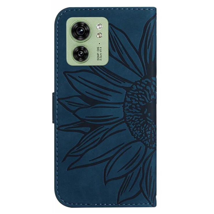 HT04 For Motorola Edge 40 5G Wallet Leather Phone Case Sunflower Imprint Stand Phone Cover with Hand Strap - Dark Blue
