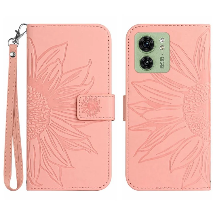 HT04 For Motorola Edge 40 5G Wallet Leather Phone Case Sunflower Imprint Stand Phone Cover with Hand Strap - Light Pink