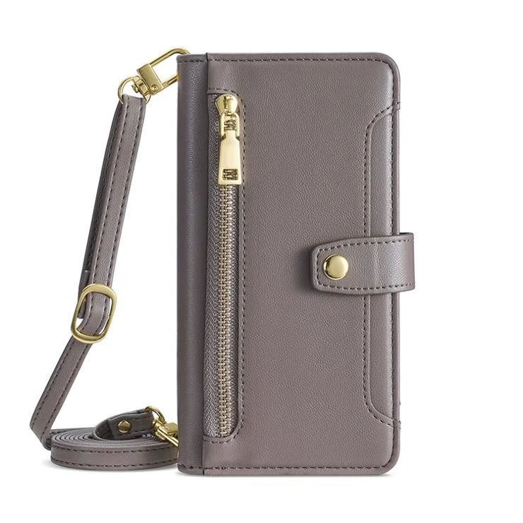 Leather Wallet Case for iPhone 15 Pro Max , Zipper Credit Card Slots Stand Phone Cover with Wrist Strap and Shoulder Strap - Grey