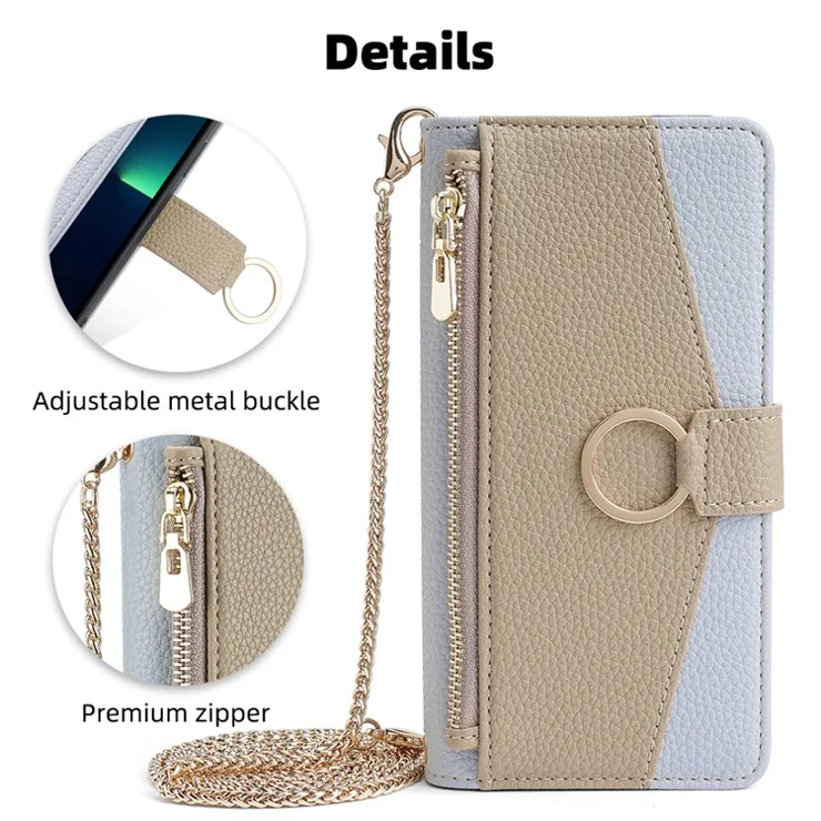 Crossbody Wallet Case for iPhone 15 , Ring Holder PU Leather Stand Phone Cover with Makeup Mirror / Shoulder Strap - Blue