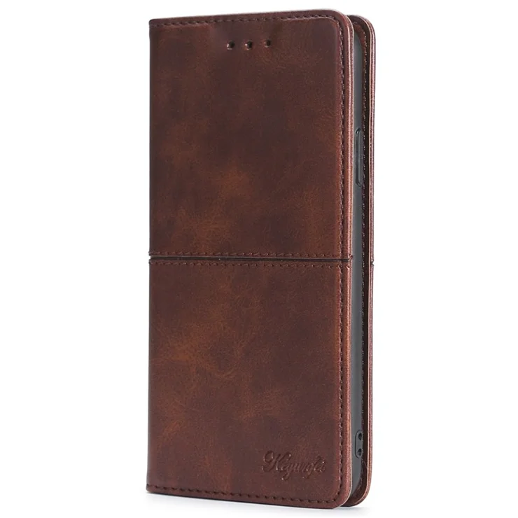 For iPhone 15 Plus Magnetic Closing Phone Cover Cowhide Texture Card Slots Leather Stand Case - Dark Brown