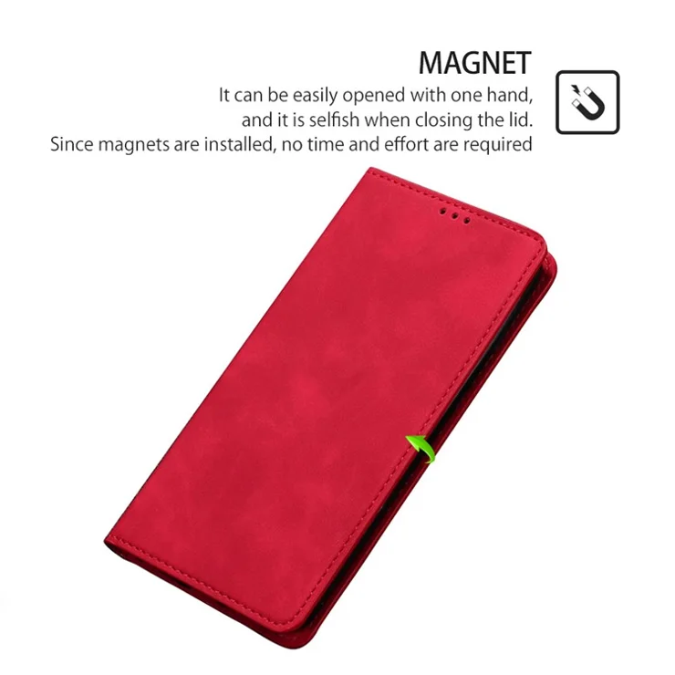 For iPhone 15 Plus Leather Card Holder Stand Cover Magnetic Closing Skin-touch Phone Case - Red