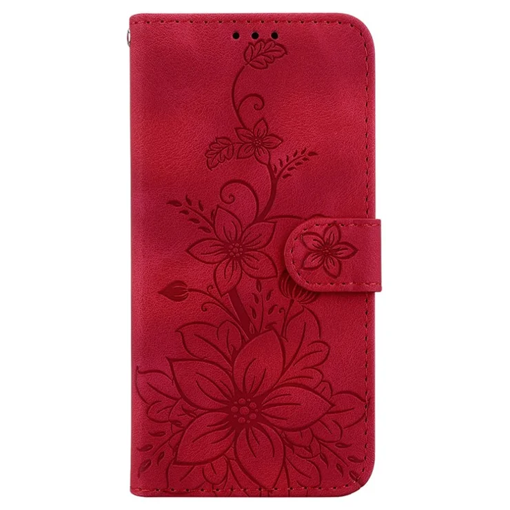For Motorola Edge 40 5G Imprinted Lily Flower Phone Case PU Leather Cover with Stand Wallet - Red