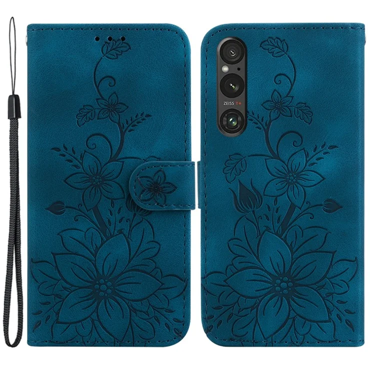 For Sony Xperia 1 V Wallet Stand Phone Case Imprinted Lily Flower Shockproof PU Leather Cover - Blue