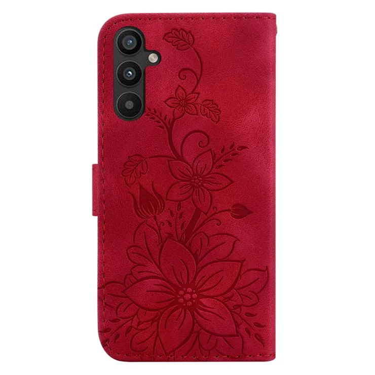 For Samsung Galaxy A54 5G Leather Stand Wallet Case Imprinted Lily Flower Anti-shock Phone Cover - Red