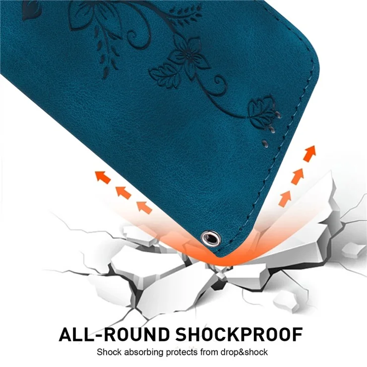 For Samsung Galaxy A34 5G Leather Wallet Phone Case Imprinted Lily Flower Folding Stand Cover - Dark Blue