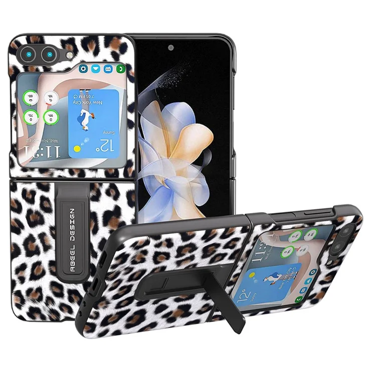 ABEEL For Samsung Galaxy Z Flip5 5G PU Leather+PC Kickstand Cover Leopard Pattern Phone Case - Silver