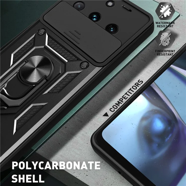 Slide Lens Protection Phone Case for Realme 11 Pro 5G / 11 Pro+ 5G , PC+TPU Ring Kickstand Cover - Silver