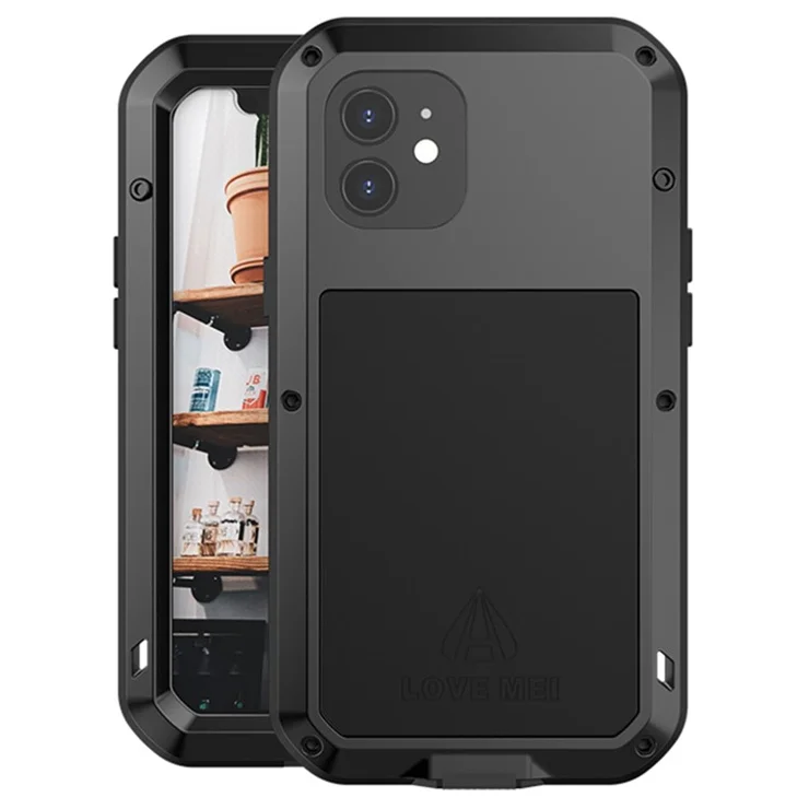 LOVE MEI For iPhone 12 Full Body Protective Cover Shockproof Metal + Silicone Phone Case with Tempered Glass Film - Black
