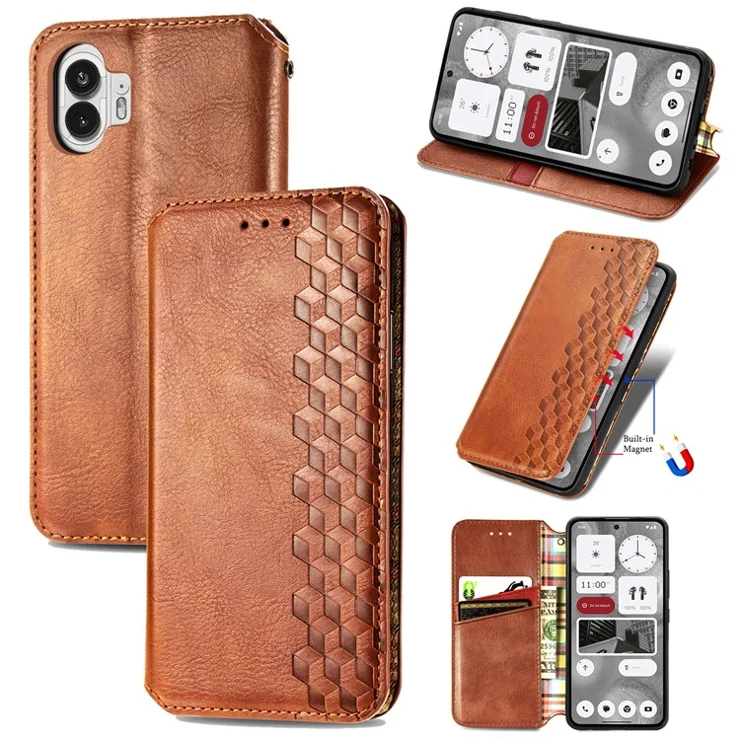 For Nothing Phone (2) PU Leather Case Rhombus Imprint Wallet Stand Phone Cover - Brown