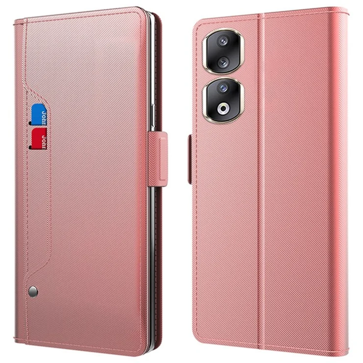 For Honor 90 Pro Viewing Stand Leather Cover Phone Case with Card Slot and Mirror - Rose Gold