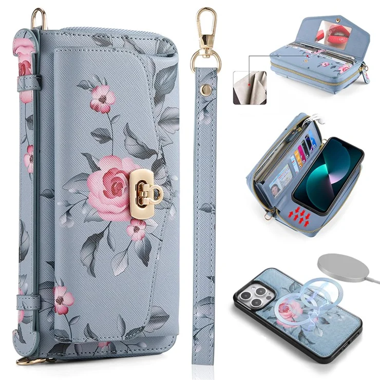 POLA Style 001 For iPhone 15 Pro Max Detachable Leather Wallet Case Flower Pattern RFID Blocking Phone Cover - Blue
