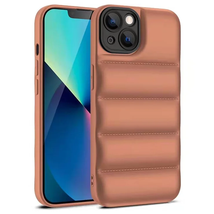 For iPhone 15 Shock-absorbing Airbag Down Jacket Back Case Anti-slip TPU Phone Cover - Khaki