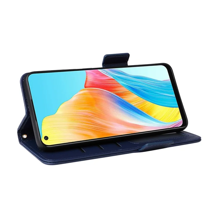 For Oppo A58 4G Litchi Texture Phone Case Leather Wallet Stand Cover with Strap - Dark Blue