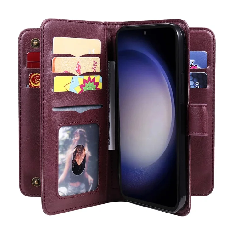 For Samsung Galaxy S23 FE Leather Case with 10 Card Holder Phone Cover Stand - Wine Red
