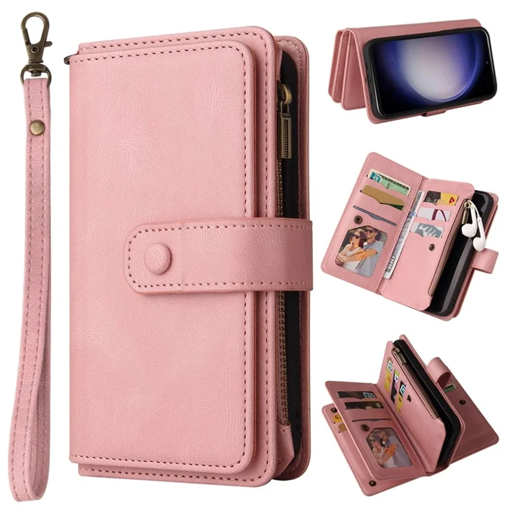 For Samsung Galaxy S23 FE Zipper Wallet Case with 15 Card Slots and Strap Leather Phone Cover - Pink